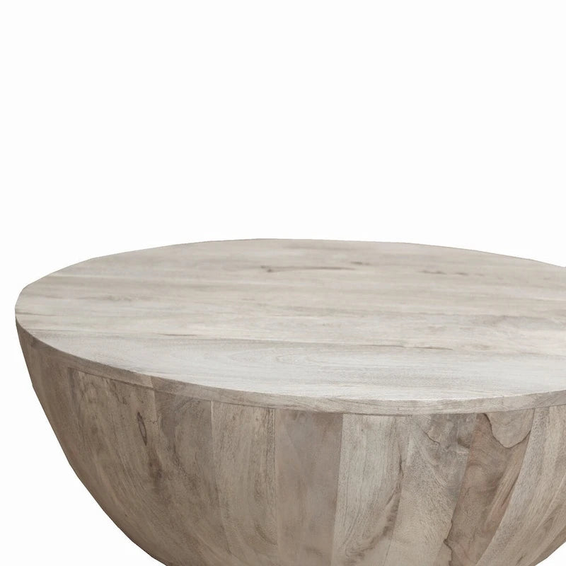 Table Basse Ronde en Bois de Mangue de 91 cm, Veinage Subtil, Blanc Vieilli - 35,5 x 35,5 x 12
