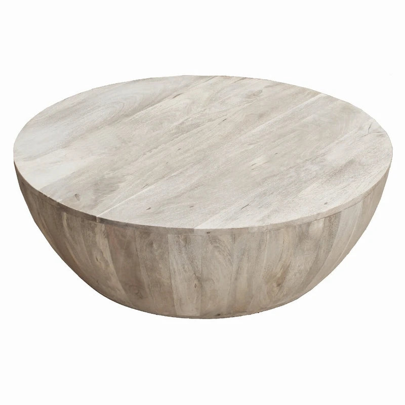 Table Basse Ronde en Bois de Mangue de 91 cm, Veinage Subtil, Blanc Vieilli - 35,5 x 35,5 x 12