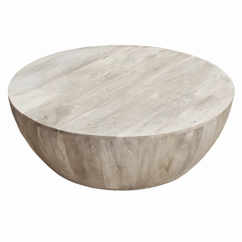 Table Basse Ronde en Bois de Mangue de 91 cm, Veinage Subtil, Blanc Vieilli - 35,5 x 35,5 x 12