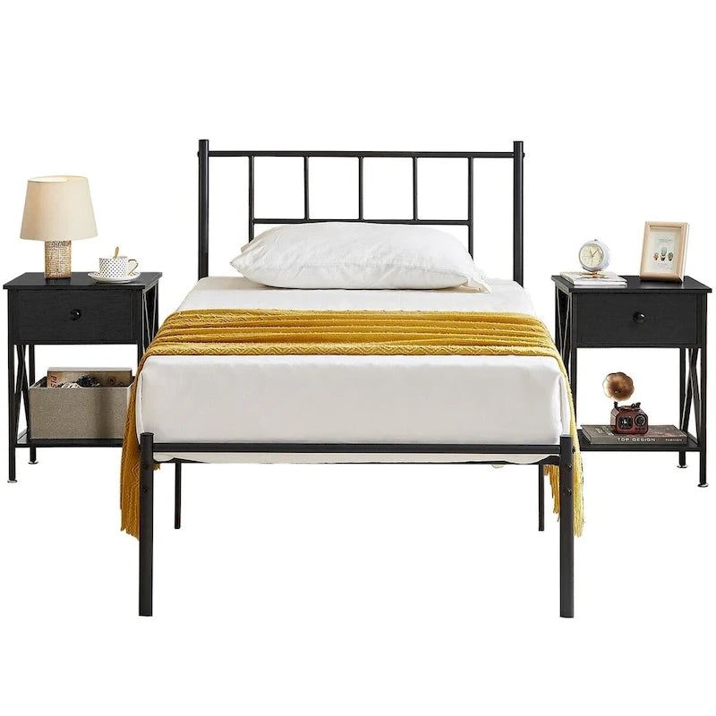 Ensemble de 2 cadres de lit VECELO 3 pièces avec tête de lit en bois et tables de chevet modernes