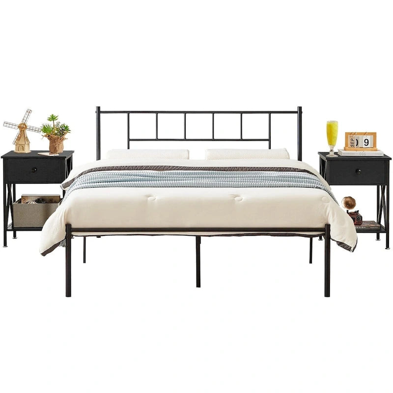 Ensemble de 2 cadres de lit VECELO 3 pièces avec tête de lit en bois et tables de chevet modernes
