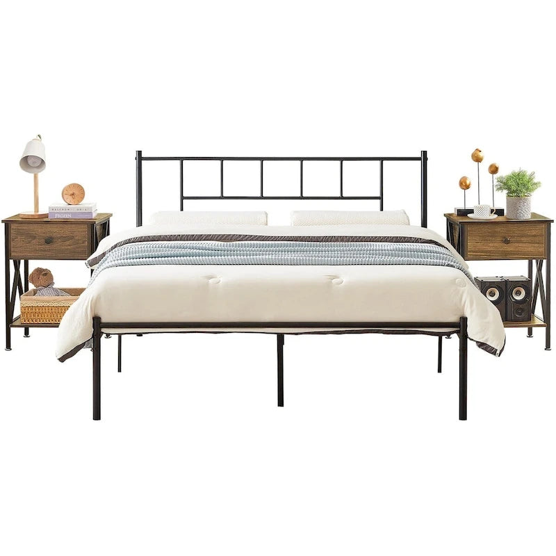 Ensemble de 2 cadres de lit VECELO 3 pièces avec tête de lit en bois et tables de chevet modernes
