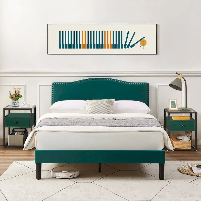 VECELO, Five Colors, 3-Pieces Upholstered Platform Bed Frame with Adjustable Headboard and Nightstands Set of 2
