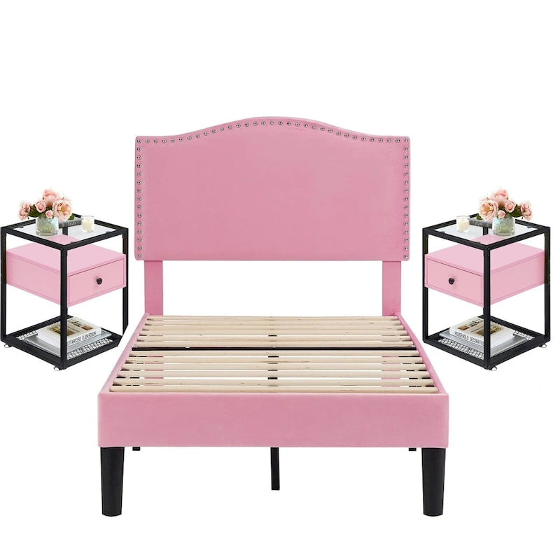 VECELO, cinq couleurs, cadre de lit plateforme rembourré 3 pièces avec tête de lit réglable et tables de chevet (ensemble de 2).