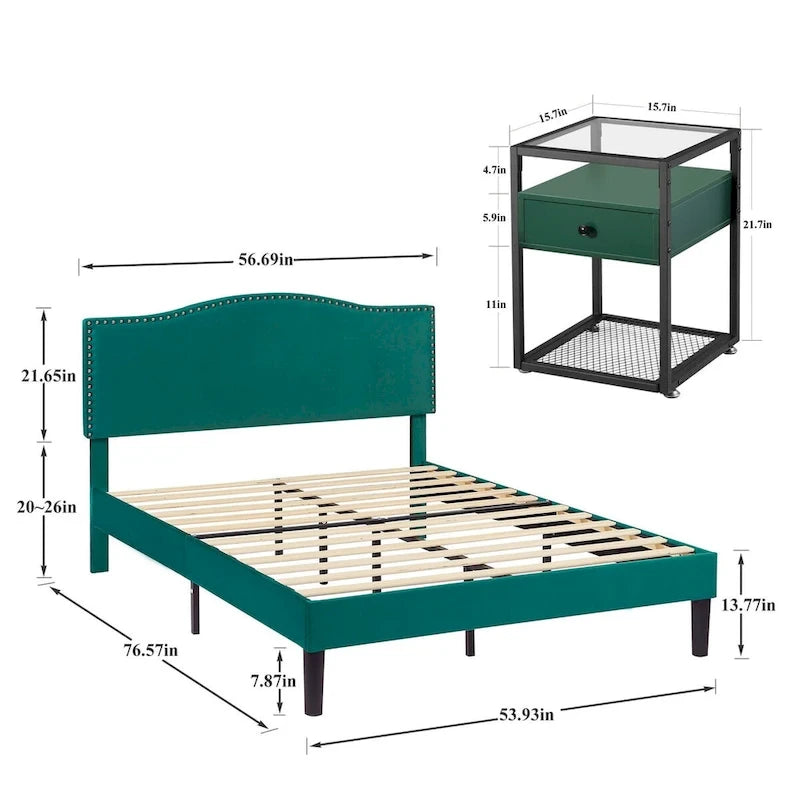 VECELO, cinq couleurs, cadre de lit plateforme rembourré 3 pièces avec tête de lit réglable et tables de chevet (ensemble de 2).