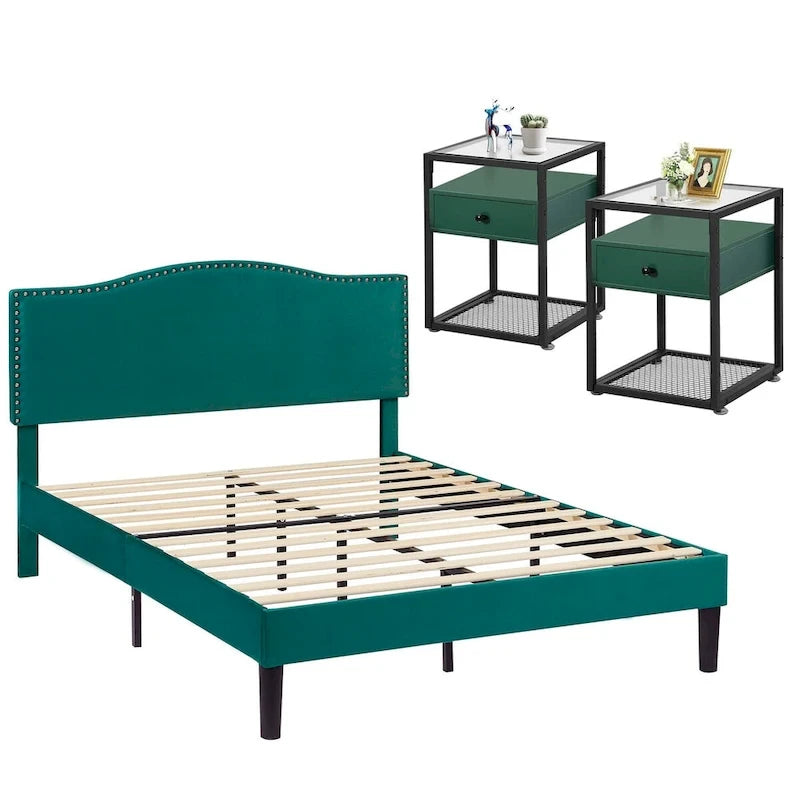 VECELO, cinq couleurs, cadre de lit plateforme rembourré 3 pièces avec tête de lit réglable et tables de chevet (ensemble de 2).