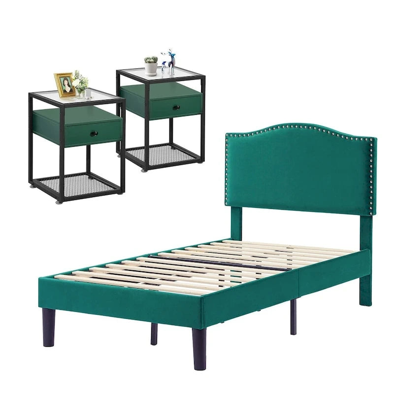 VECELO, cinq couleurs, cadre de lit plateforme rembourré 3 pièces avec tête de lit réglable et tables de chevet (ensemble de 2).