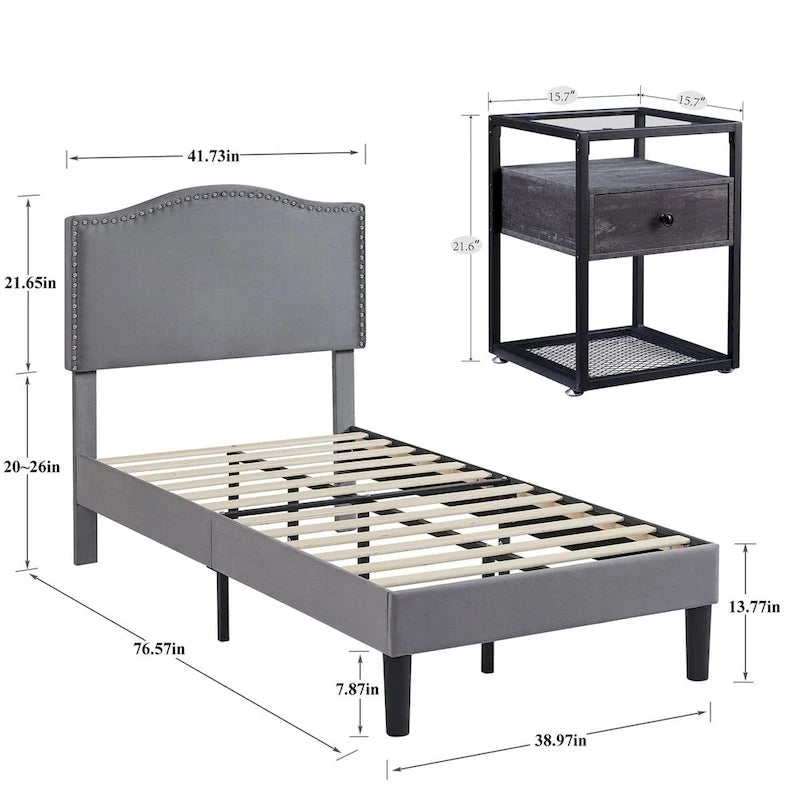 VECELO, cinq couleurs, cadre de lit plateforme rembourré 3 pièces avec tête de lit réglable et tables de chevet (ensemble de 2).