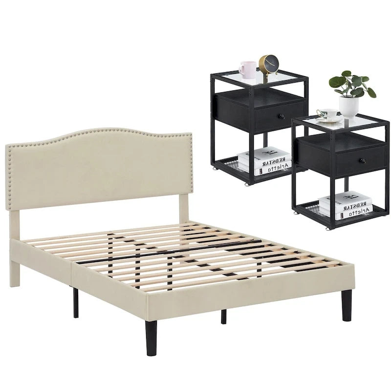 VECELO, cinq couleurs, cadre de lit plateforme rembourré 3 pièces avec tête de lit réglable et tables de chevet (ensemble de 2).