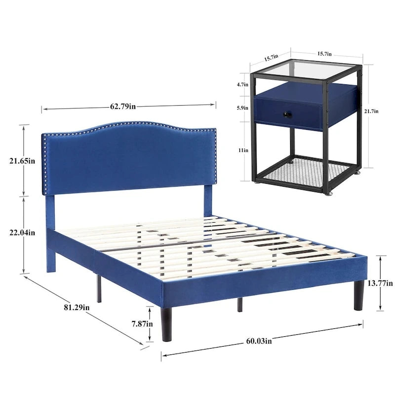 VECELO, cinq couleurs, cadre de lit plateforme rembourré 3 pièces avec tête de lit réglable et tables de chevet (ensemble de 2).