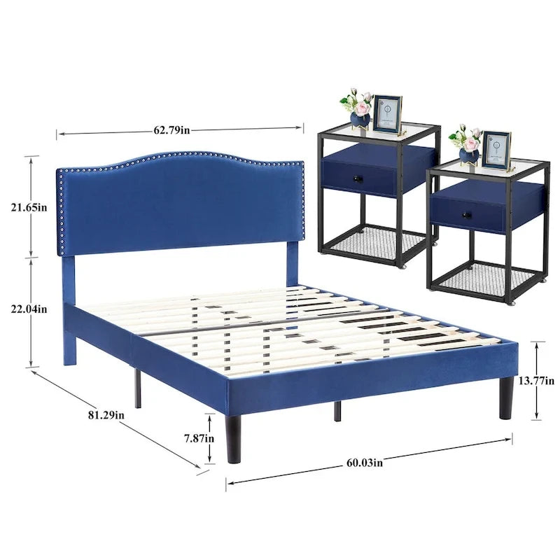VECELO, cinq couleurs, cadre de lit plateforme rembourré 3 pièces avec tête de lit réglable et tables de chevet (ensemble de 2).
