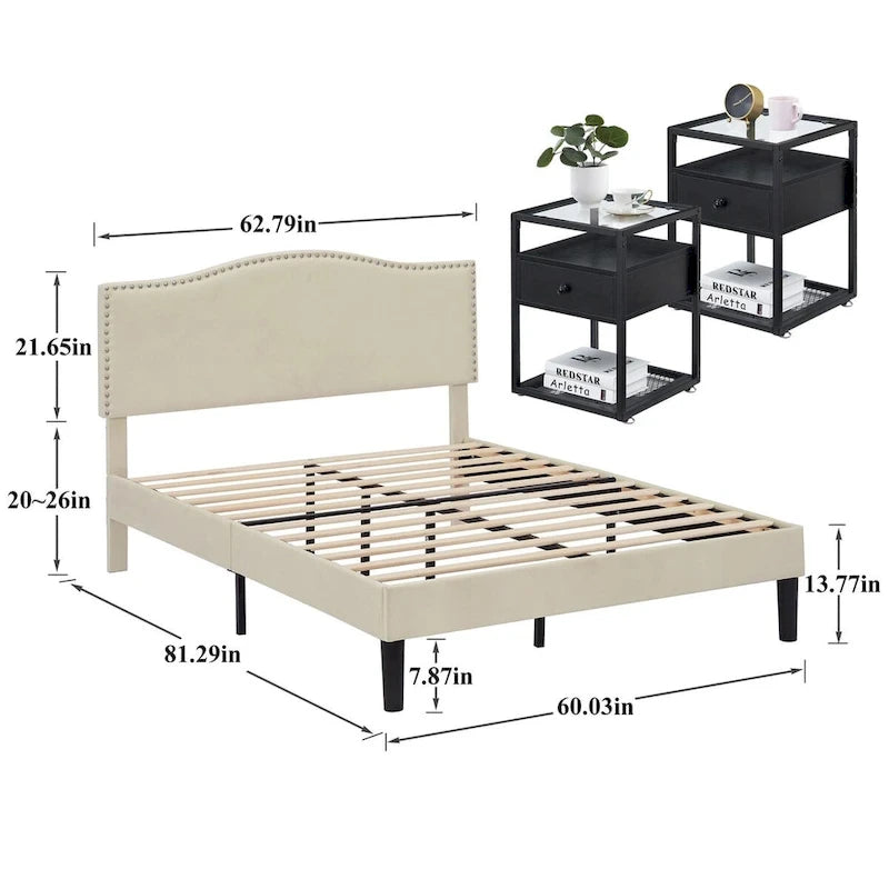 VECELO, cinq couleurs, cadre de lit plateforme rembourré 3 pièces avec tête de lit réglable et tables de chevet (ensemble de 2).