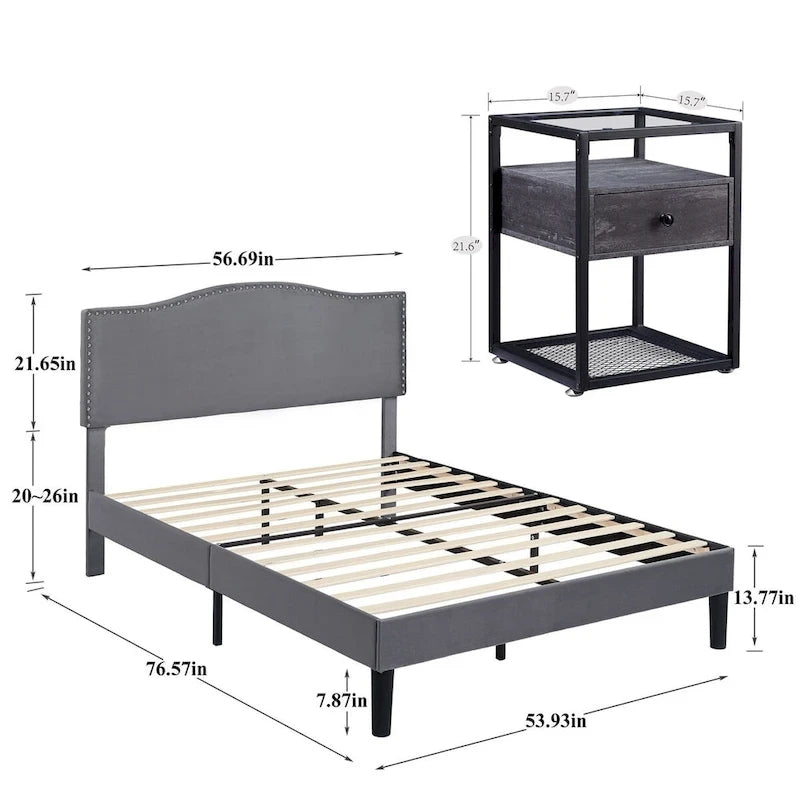 VECELO, cinq couleurs, cadre de lit plateforme rembourré 3 pièces avec tête de lit réglable et tables de chevet (ensemble de 2).