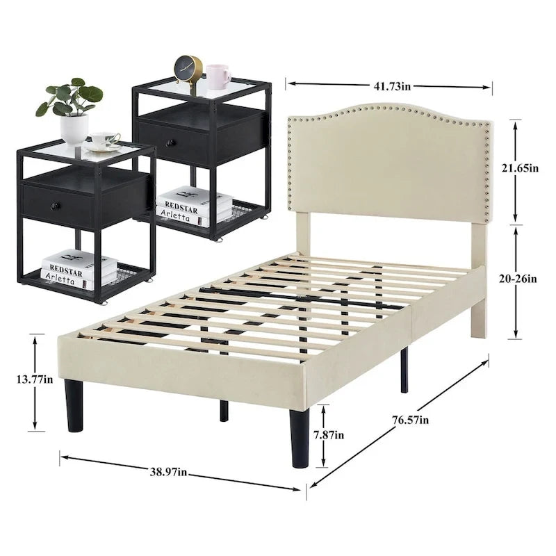 VECELO, cinq couleurs, cadre de lit plateforme rembourré 3 pièces avec tête de lit réglable et tables de chevet (ensemble de 2).
