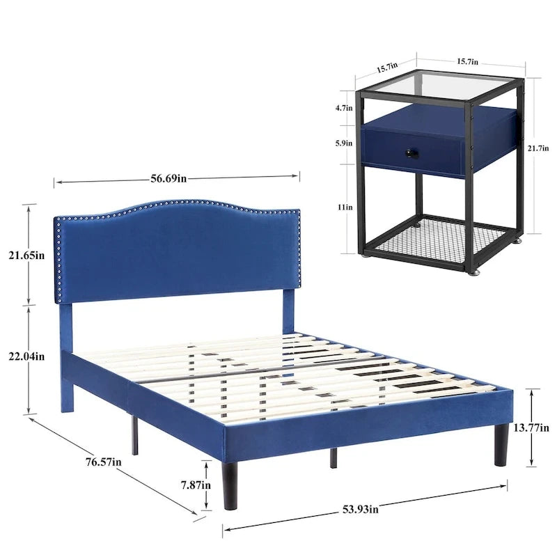 VECELO, cinq couleurs, cadre de lit plateforme rembourré 3 pièces avec tête de lit réglable et tables de chevet (ensemble de 2).