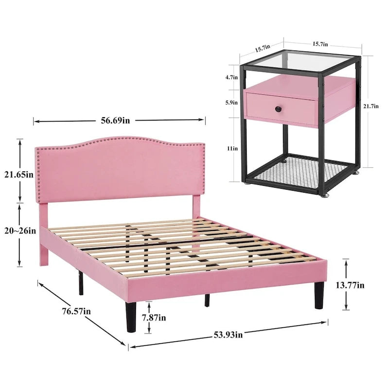 VECELO, cinq couleurs, cadre de lit plateforme rembourré 3 pièces avec tête de lit réglable et tables de chevet (ensemble de 2).