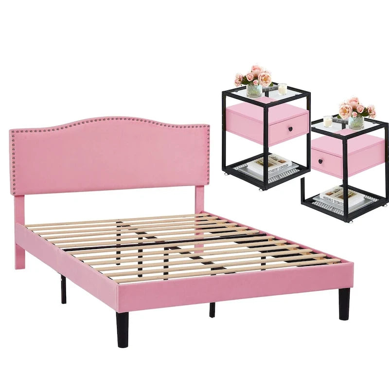 VECELO, cinq couleurs, cadre de lit plateforme rembourré 3 pièces avec tête de lit réglable et tables de chevet (ensemble de 2).