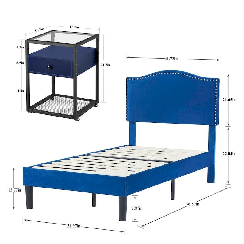 VECELO, cinq couleurs, cadre de lit plateforme rembourré 3 pièces avec tête de lit réglable et tables de chevet (ensemble de 2).