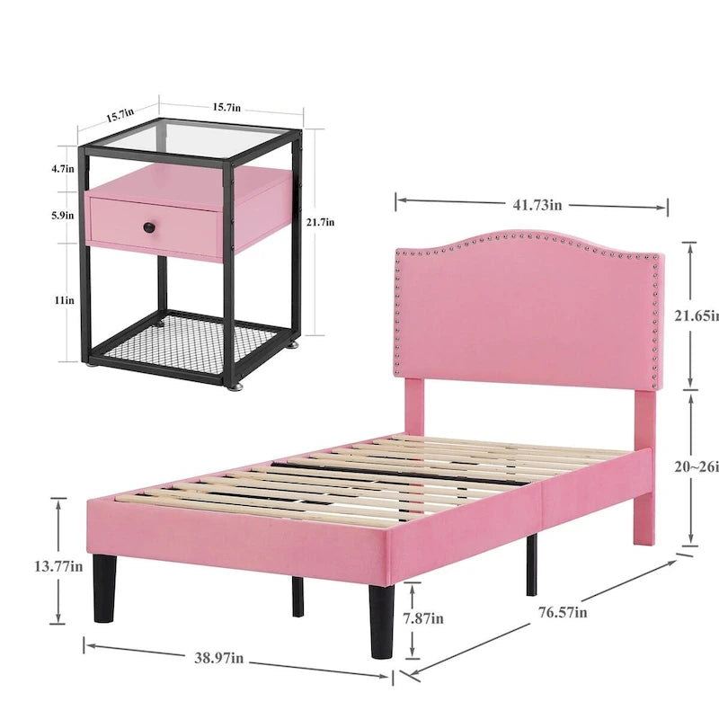 VECELO, cinq couleurs, cadre de lit plateforme rembourré 3 pièces avec tête de lit réglable et tables de chevet (ensemble de 2).