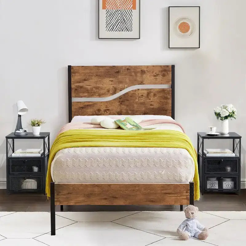 Ensemble de chambre Taomika 3 pièces, cadre de lit plateforme et ensemble de 2 tables de chevet modernes