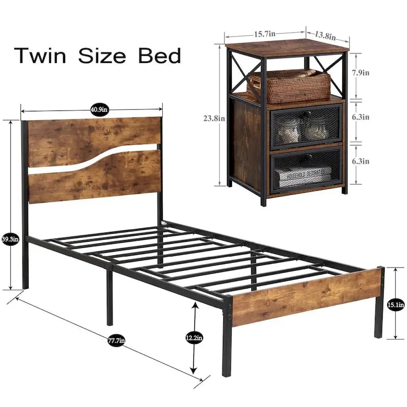 Ensemble de chambre Taomika 3 pièces, cadre de lit plateforme et ensemble de 2 tables de chevet modernes