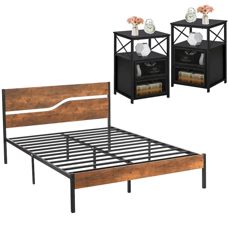 Ensemble de chambre Taomika 3 pièces, cadre de lit plateforme et ensemble de 2 tables de chevet modernes