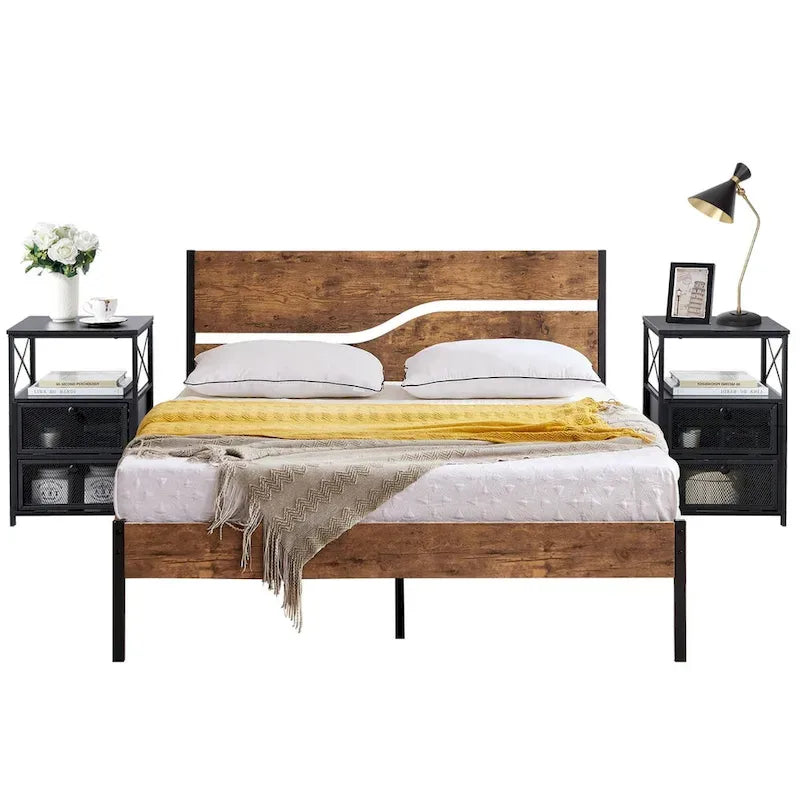 Ensemble de chambre Taomika 3 pièces, cadre de lit plateforme et ensemble de 2 tables de chevet modernes