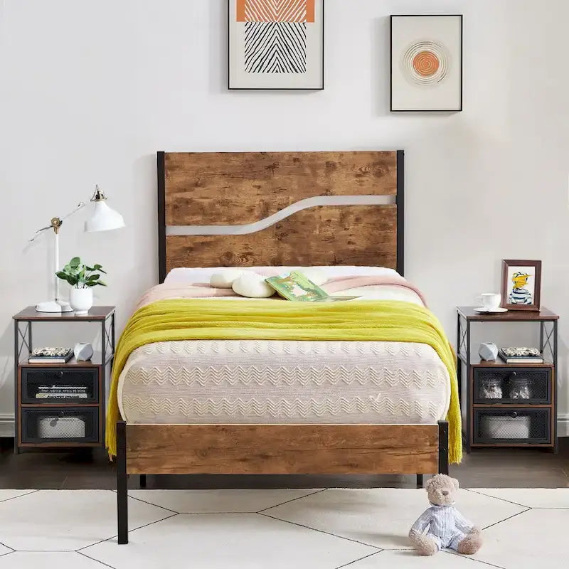 Ensemble de chambre Taomika 3 pièces, cadre de lit plateforme et ensemble de 2 tables de chevet modernes