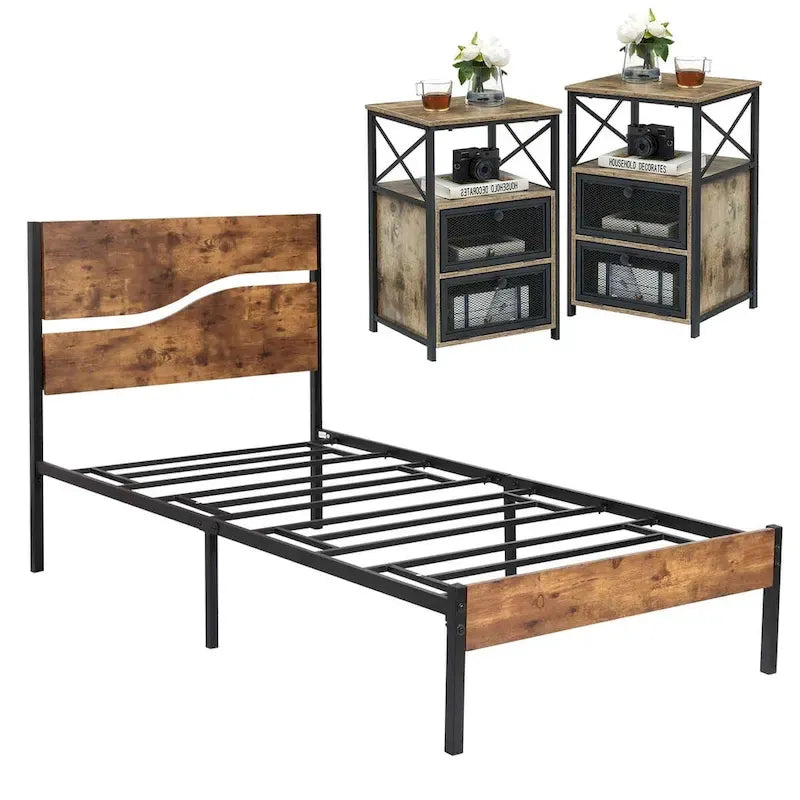 Ensemble de chambre Taomika 3 pièces, cadre de lit plateforme et ensemble de 2 tables de chevet modernes