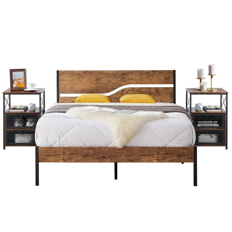 Ensemble de chambre Taomika 3 pièces, cadre de lit plateforme et ensemble de 2 tables de chevet modernes