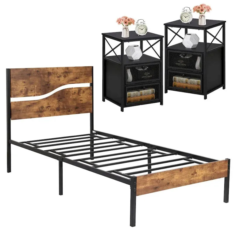 Ensemble de chambre Taomika 3 pièces, cadre de lit plateforme et ensemble de 2 tables de chevet modernes
