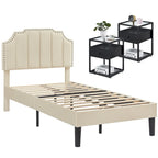 Ensembles de chambre à coucher, 15 styles au choix, ensemble 3 pièces avec lit rembourré à hauteur réglable et 2 tables de chevet - VECELO