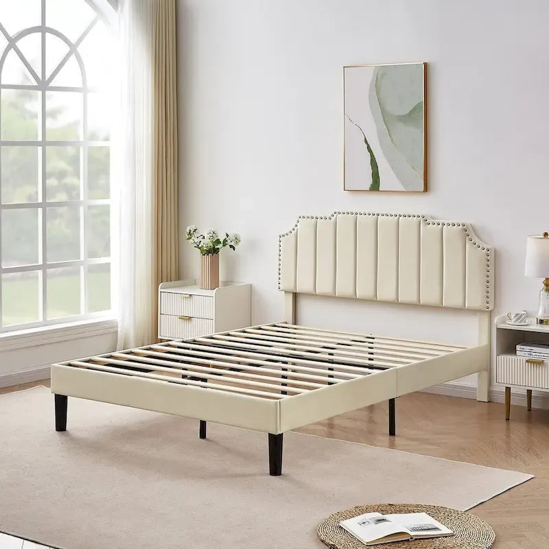 Ensembles de chambre à coucher, 15 styles au choix, ensemble 3 pièces avec lit rembourré à hauteur réglable et 2 tables de chevet - VECELO