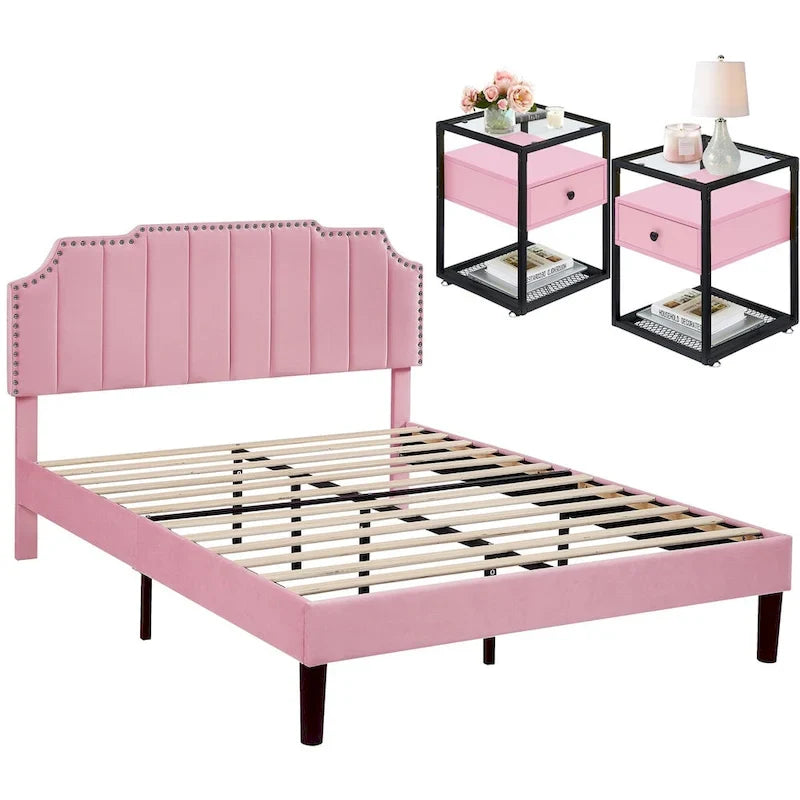 Ensembles de chambre à coucher, 15 styles au choix, ensemble 3 pièces avec lit rembourré à hauteur réglable et 2 tables de chevet - VECELO