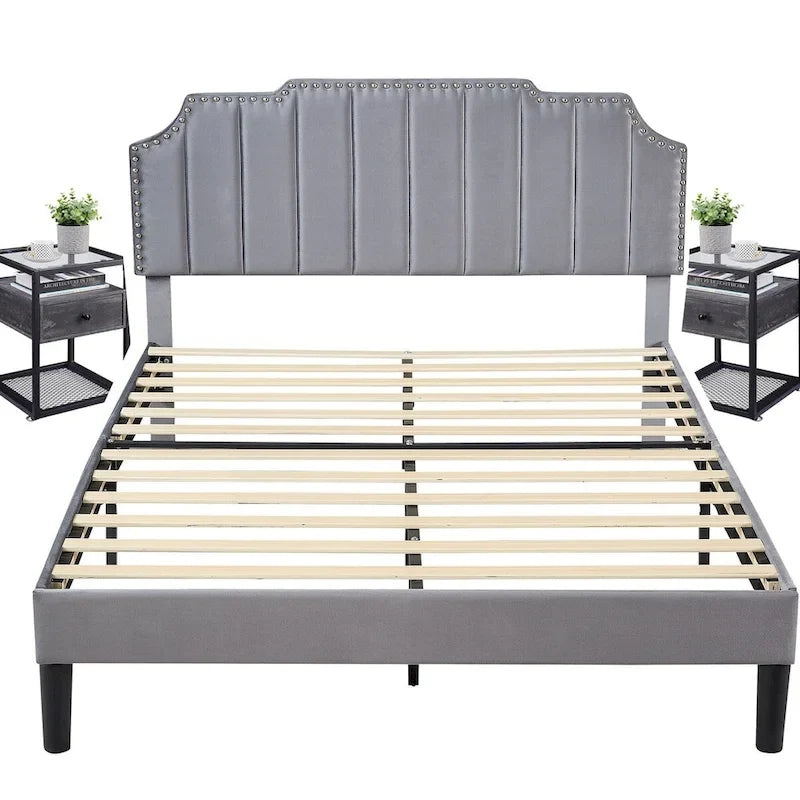 Ensembles de chambre à coucher, 15 styles au choix, ensemble 3 pièces avec lit rembourré à hauteur réglable et 2 tables de chevet - VECELO