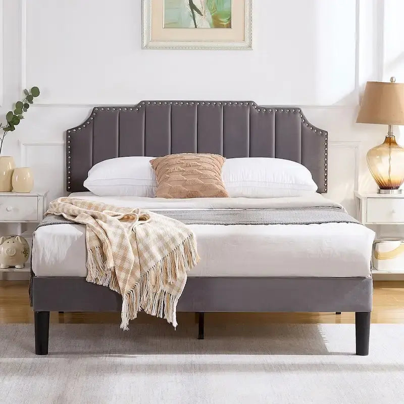 Ensembles de chambre à coucher, 15 styles au choix, ensemble 3 pièces avec lit rembourré à hauteur réglable et 2 tables de chevet - VECELO