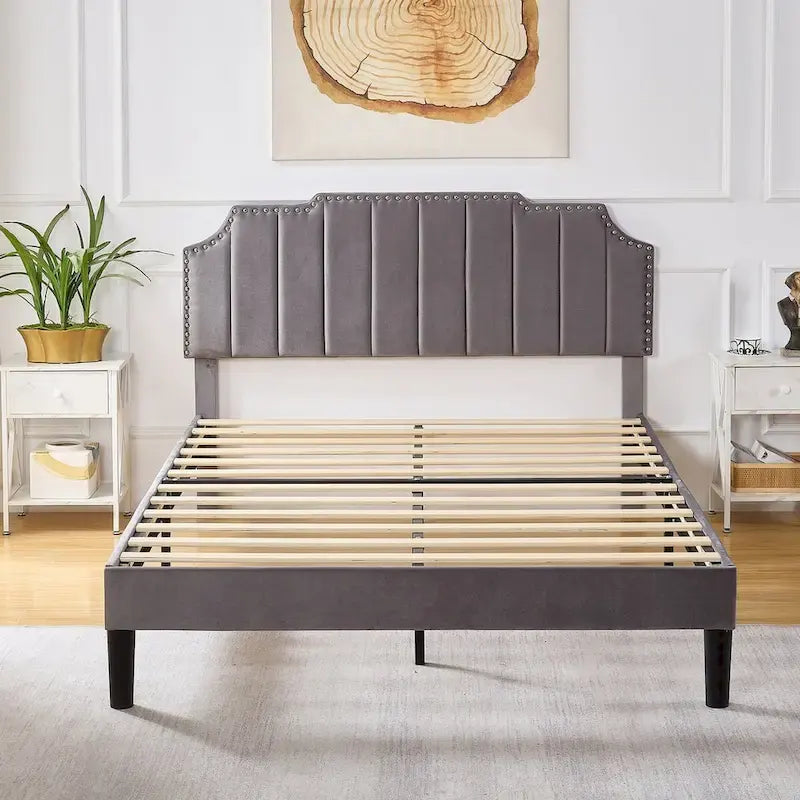 Ensembles de chambre à coucher, 15 styles au choix, ensemble 3 pièces avec lit rembourré à hauteur réglable et 2 tables de chevet - VECELO