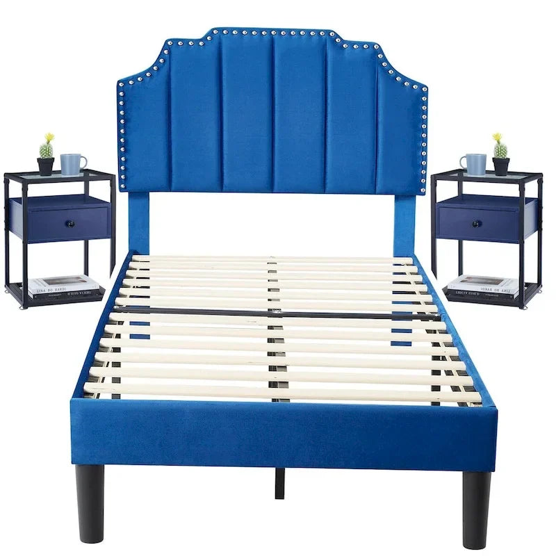 Ensembles de chambre à coucher, 15 styles au choix, ensemble 3 pièces avec lit rembourré à hauteur réglable et 2 tables de chevet - VECELO