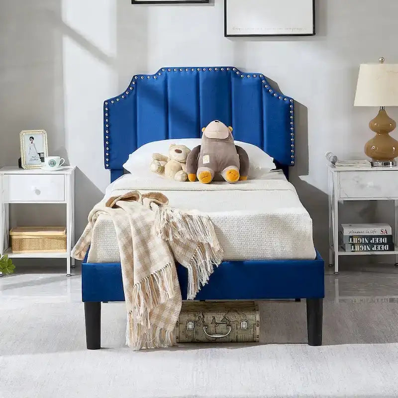 Ensembles de chambre à coucher, 15 styles au choix, ensemble 3 pièces avec lit rembourré à hauteur réglable et 2 tables de chevet - VECELO