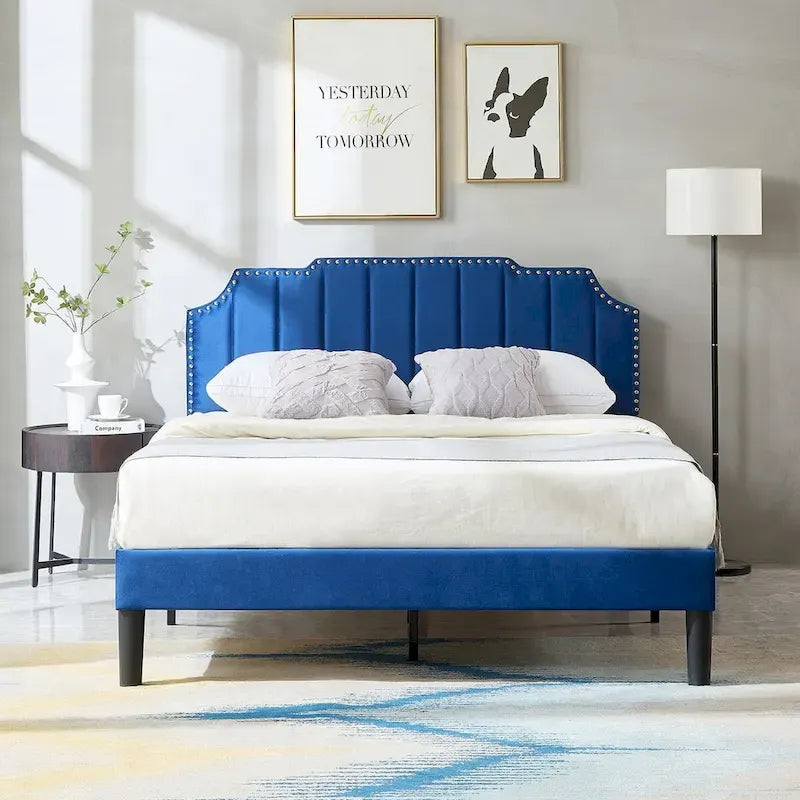 Ensembles de chambre à coucher, 15 styles au choix, ensemble 3 pièces avec lit rembourré à hauteur réglable et 2 tables de chevet - VECELO
