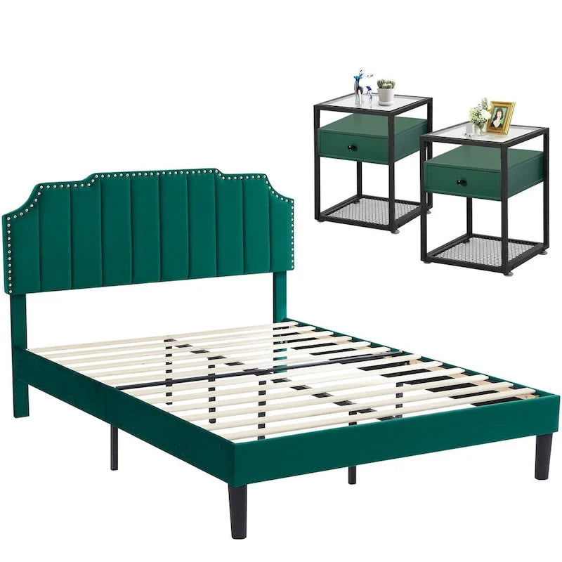 Ensembles de chambre à coucher, 15 styles au choix, ensemble 3 pièces avec lit rembourré à hauteur réglable et 2 tables de chevet - VECELO
