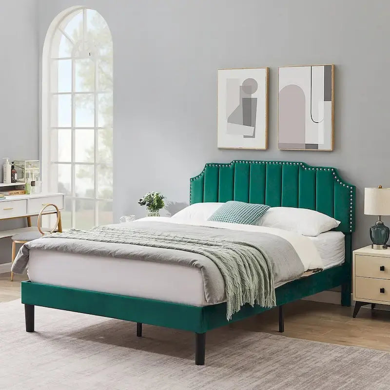 Ensembles de chambre à coucher, 15 styles au choix, ensemble 3 pièces avec lit rembourré à hauteur réglable et 2 tables de chevet - VECELO