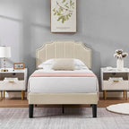 Ensembles de chambre à coucher, 15 styles au choix, ensemble 3 pièces avec lit rembourré à hauteur réglable et 2 tables de chevet - VECELO