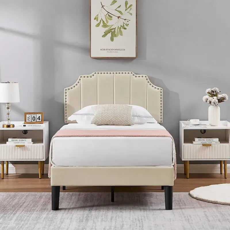 Ensembles de chambre à coucher, 15 styles au choix, ensemble 3 pièces avec lit rembourré à hauteur réglable et 2 tables de chevet - VECELO