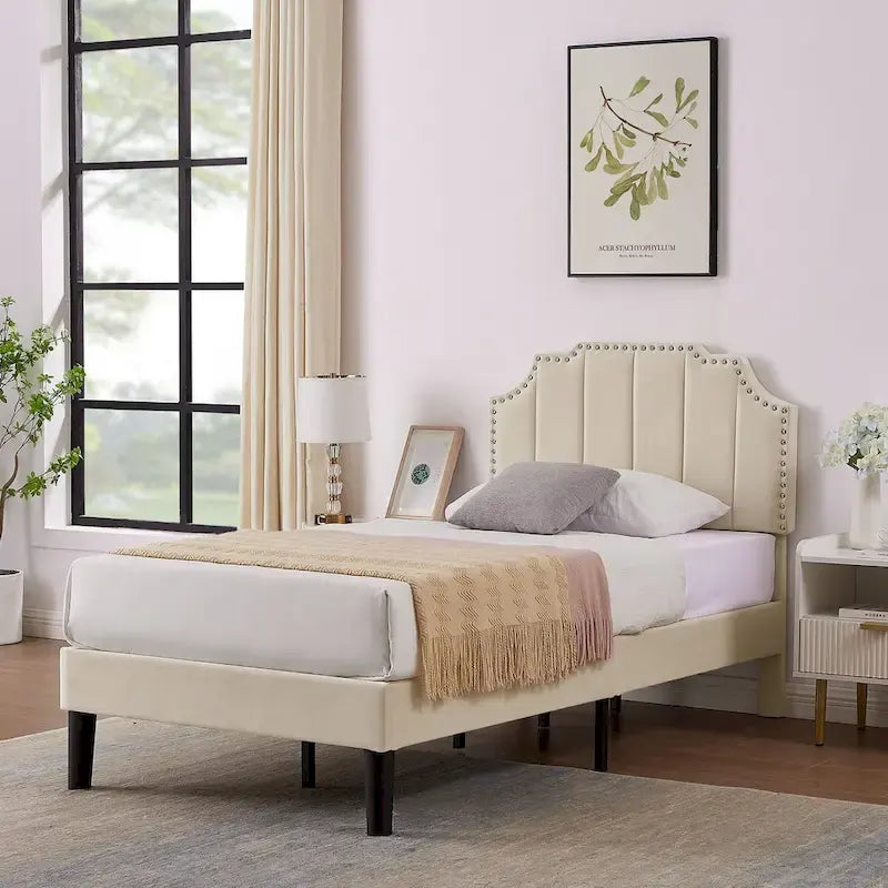 Ensembles de chambre à coucher, 15 styles au choix, ensemble 3 pièces avec lit rembourré à hauteur réglable et 2 tables de chevet - VECELO