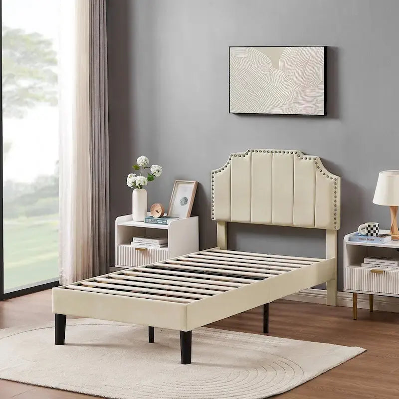 Ensembles de chambre à coucher, 15 styles au choix, ensemble 3 pièces avec lit rembourré à hauteur réglable et 2 tables de chevet - VECELO