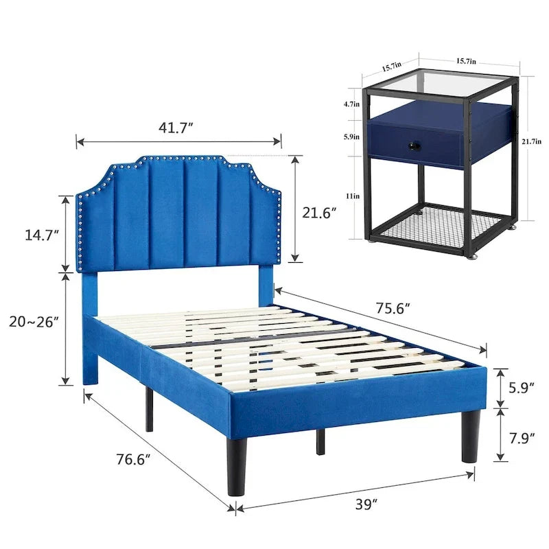 Ensembles de chambre à coucher, 15 styles au choix, ensemble 3 pièces avec lit rembourré à hauteur réglable et 2 tables de chevet - VECELO