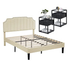 Ensembles de chambre à coucher, 15 styles au choix, ensemble 3 pièces avec lit rembourré à hauteur réglable et 2 tables de chevet - VECELO