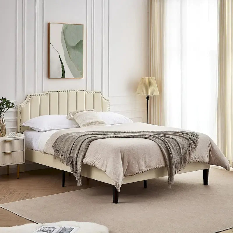 Ensembles de chambre à coucher, 15 styles au choix, ensemble 3 pièces avec lit rembourré à hauteur réglable et 2 tables de chevet - VECELO