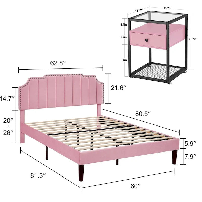 Ensembles de chambre à coucher, 15 styles au choix, ensemble 3 pièces avec lit rembourré à hauteur réglable et 2 tables de chevet - VECELO